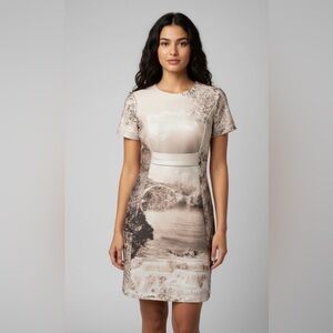 BCBGMAXAZRIA Sepia Scenic Landscape Print Scuba Dress -Short Sleeve Mini -Size 8